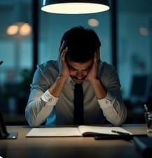 un homme est assis à son bureau, il se prend la tête entre les mains. L'ambiance est sombre.
