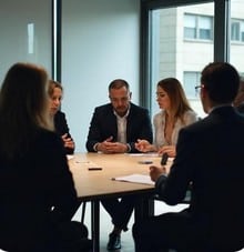 un groupe de personnes sont assises autour d'une table et discutent. L'ambiance est sombre.