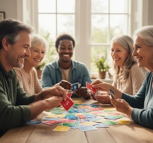 un groupe de personnes jouent aux cartes autour d'une table.