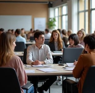 un groupe de jeunes gens sont assis devant une table, avec des papiers et ordinateurs portables devant eux